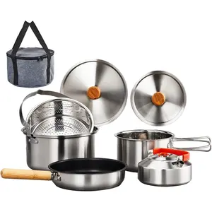 Camping Cookware Set, Lightweight Stainless Steel Nesting Cooking Mess Kit with Carrying Bag for 4-6 Campfire Cooking,Camp Kitchen, Outdoor
