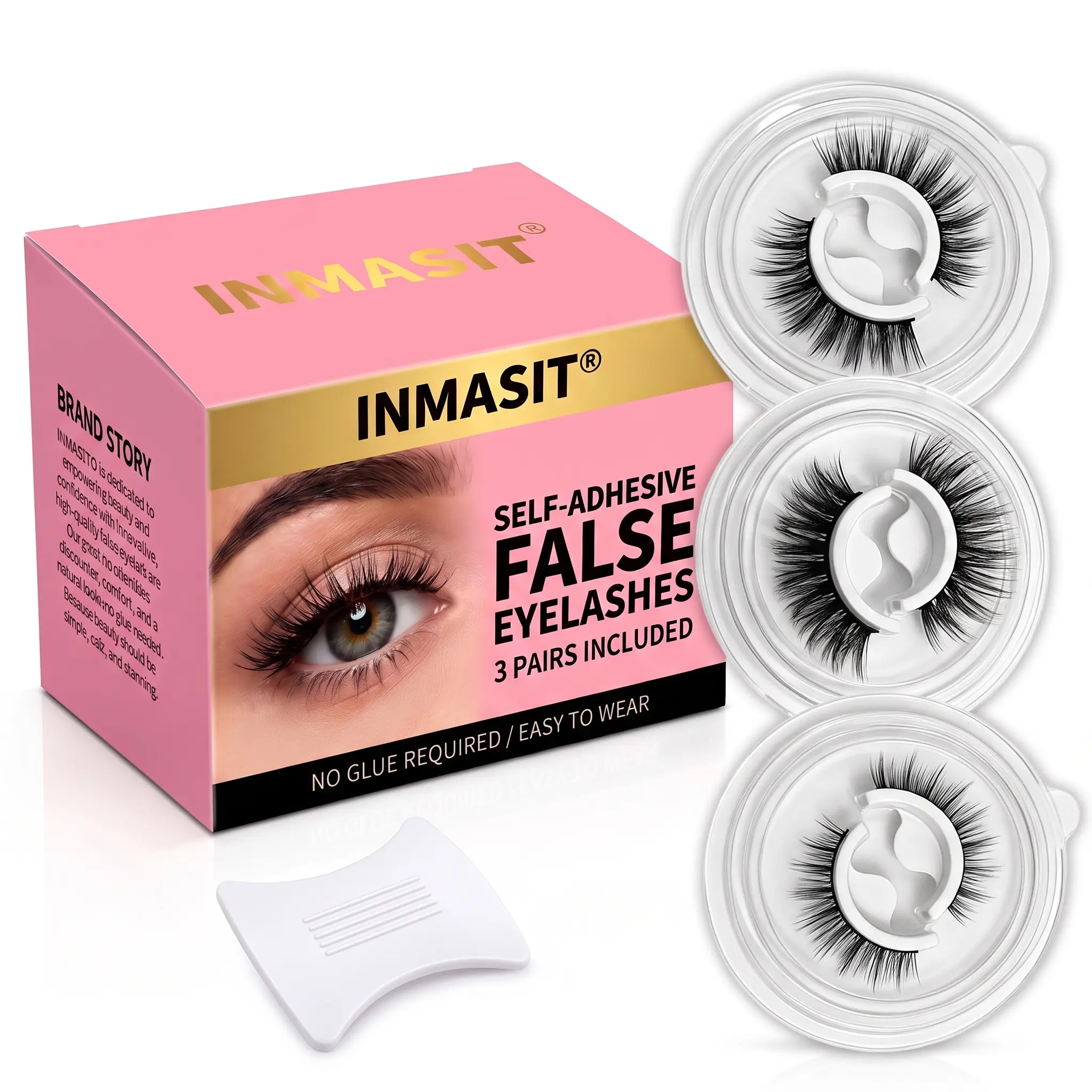 INMASIT Volumized Nature Travel Size CC Curl 0.05mm Solid Multi-Pack False Eyelashes - 3/6 Pairs Self-Adhesive No-Glue Reusable 3D Mink-Like Compact Lightweight Casual False Eyelashes & Adhesives for Daily Wear