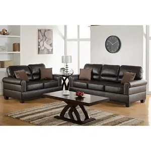 Poundex F7878 Espresso Faux Leather Sofa and Love Seat Set with Nail Head Trim and Rounded Arms Upholstered Couch for Modern Living Room