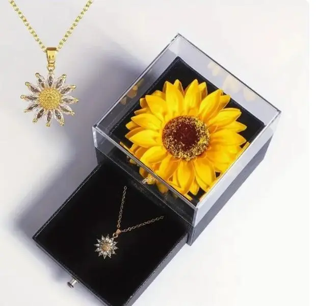 Female Sunflower Pendant Necklace with Acrylic Jewelry Box - Valentine’s Day Holiday Gift