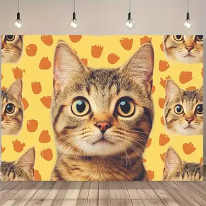 Cute Tabby Cat Backdrop – Adorable Tabby Cat Close-Up, Yellow Background & Cat Paw Prints, Ideal for Cat Lovers’ Decor & Cute Pet-Themed Events, Brings Healing Soft Vibe, A Sweet Gift for Cat Fans, 2D Print