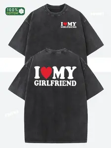 valentine shirts I love my girlfriend alphabet print pure cotton, oversize shoulder retro street basics loose hip-hop men's and women's tops Autumn summer do old washed T-shirt Short sleeve round neck T-shirt  funny graphic tee men’s trendy t-shirts