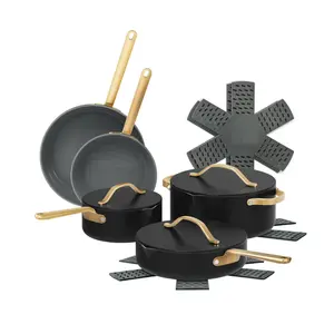 12-Piece Ceramic Nonstick Cookware Set with Strainer Lids, Pots and Pans, Black Color, Gold Handles, Durable and Nonstick