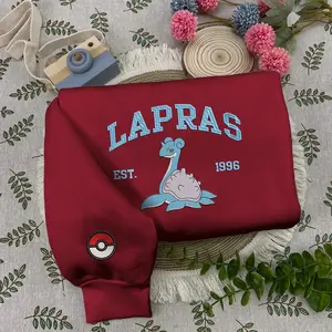 Custom Lapras Pokemon Embroidered Sweatshirt, Special PKM Characters Embroidery Sweatshirt, New Version Cartoon, Kawaii Anime Gift For Hers, Trending Unisex Crewneck Sweater For Men And Women