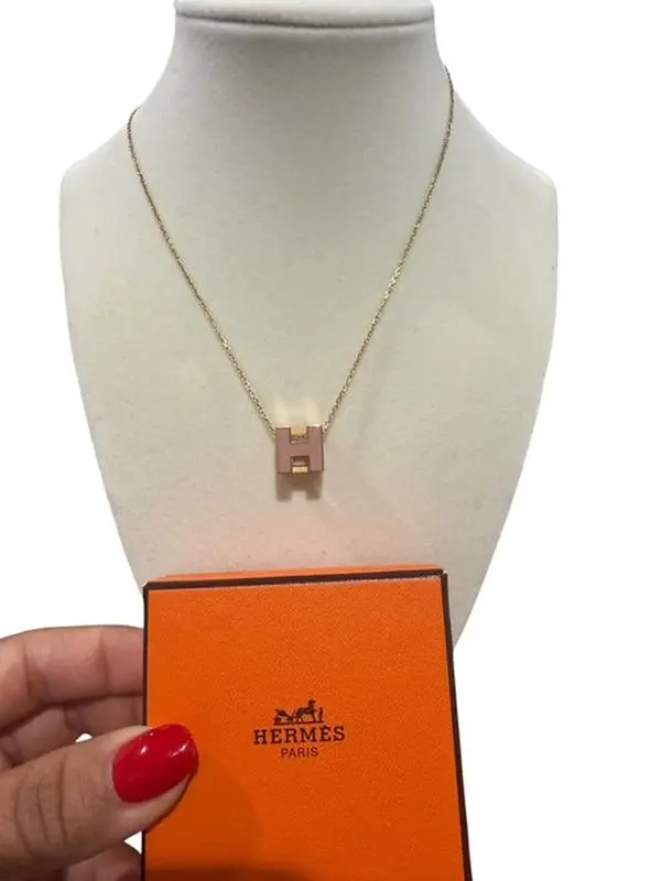 Pre-owned Hermes Pink H Cube Gold Necklace with Box Perfect for Daily Use