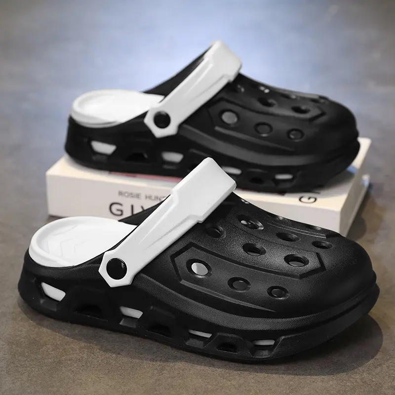 Men's Slippers Outdoor Fashion Thick Sole Non-Slip Casual Comfortable Closed Toe Hollow Shoes for Couples Black White