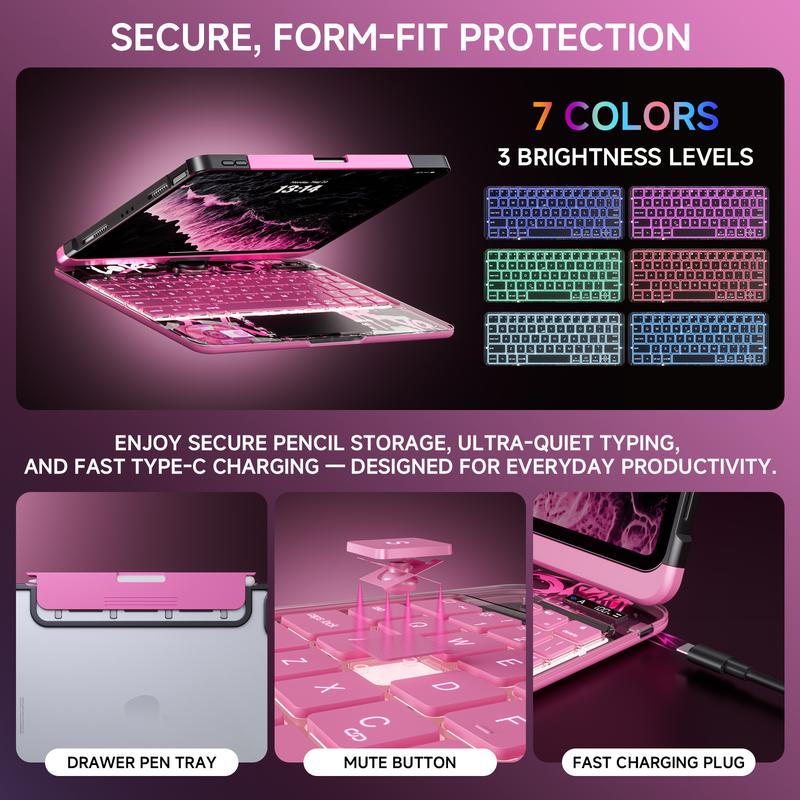 Transparent Y2K Pink 360°Rotatable Keyboard iPadCase for 2022 iPad 10th Gen 10.9-in & iPad 11th Gen 11-in.(A16, 2025),Clear Hard PC Back,Trackpad,Pencil Holder,7 Color Backlight Adjustable Durable