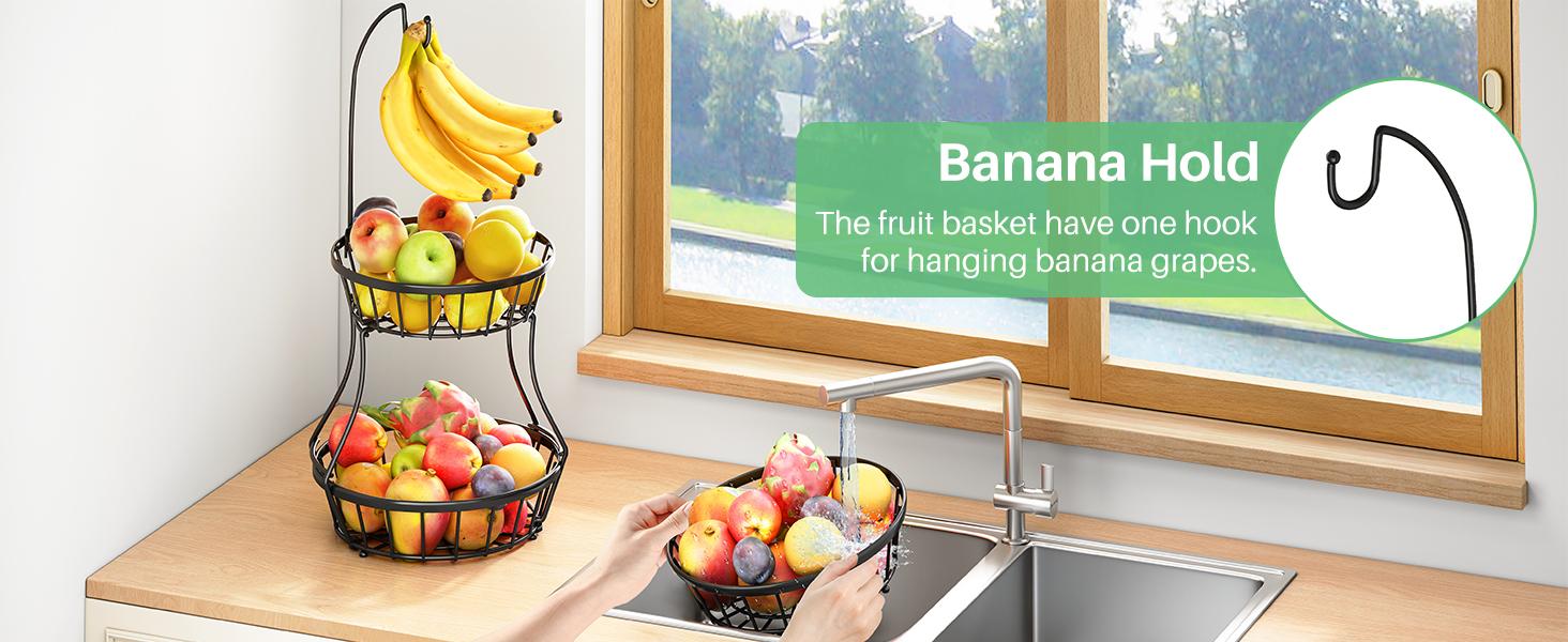 2-Tier Fruit Basket Bowl Stackable Vegetable Storage with Banana Tree Hanger Stand for Kitchen Countertop, Metal Wire Basket for Bread Onions Potatoes Black