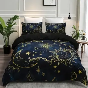 Soft Comfortable Bedding Set with Sun Moon Print, Includes Duvet Cover and Two Pillowcases, Perfect for Bedroom Decor, Decorative Bedding Set