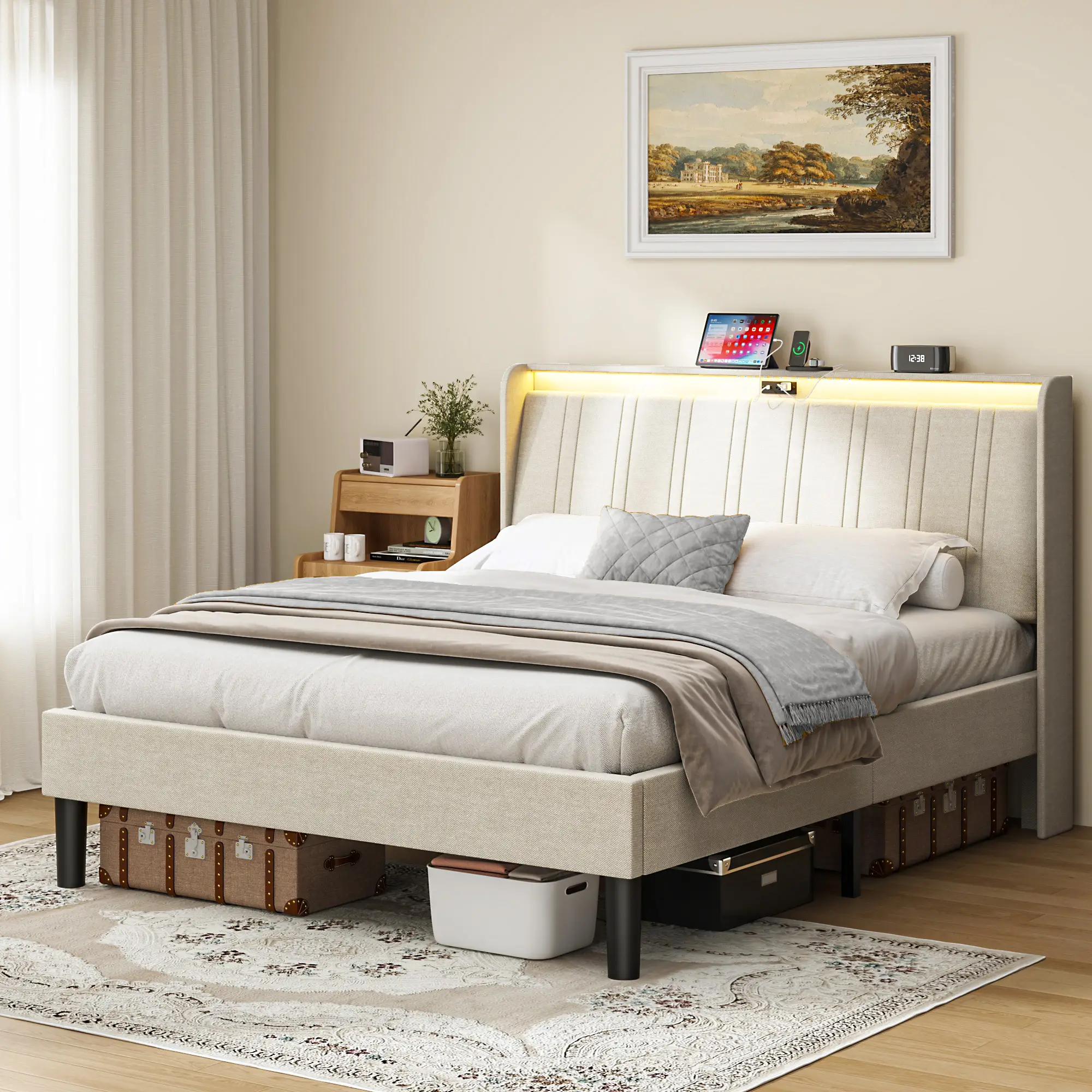 Bed Frame with Led Lights Headboard, Upholstered Headboard with Charing Station and Storage Shelf, No Box Spring Needed, Easy Assembly
