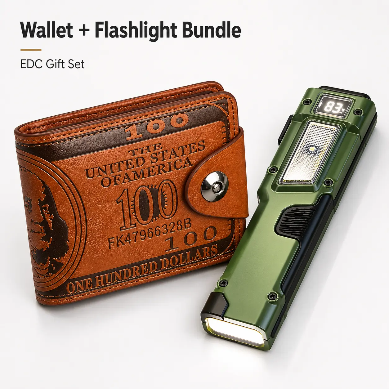 High Lumen Rechargeable EDC Flashlight & Retro 100 Wallet Gift Set, 8-Mode LED Flashlight with Digital Display,IPX5 Water-Resistant Aluminum Alloy Pocket Flashlight, Slim Card Holder with ID Window, Everyday Carry Gift for Men