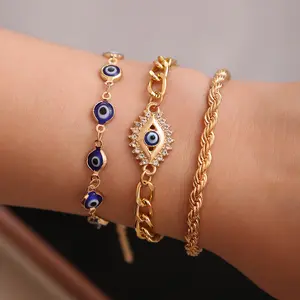 Evil Eye Bracelet Set Gold Plated Cuban Chain Layered Nazar Bangle Protective Amulet Jewelry Aesthetic Summer Beach Festival Vacation Gift
