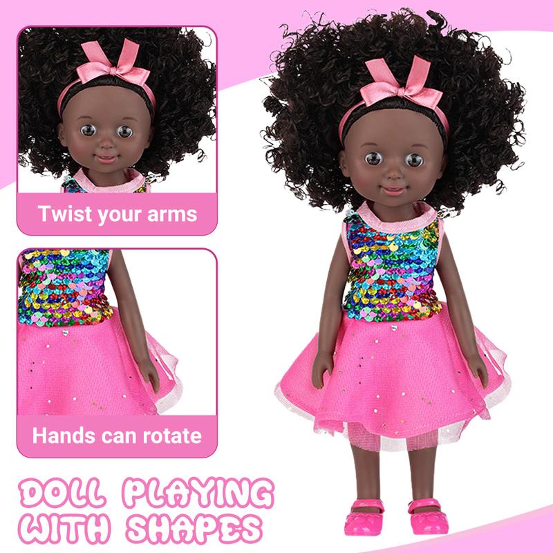 Black Baby Doll, 10 inch American African Girl Doll with Dress, Realistic Reborn for Kids Aged 2 3 4 5 6, Silicone Small Toy Curly Hair Birthday Gift, Brown