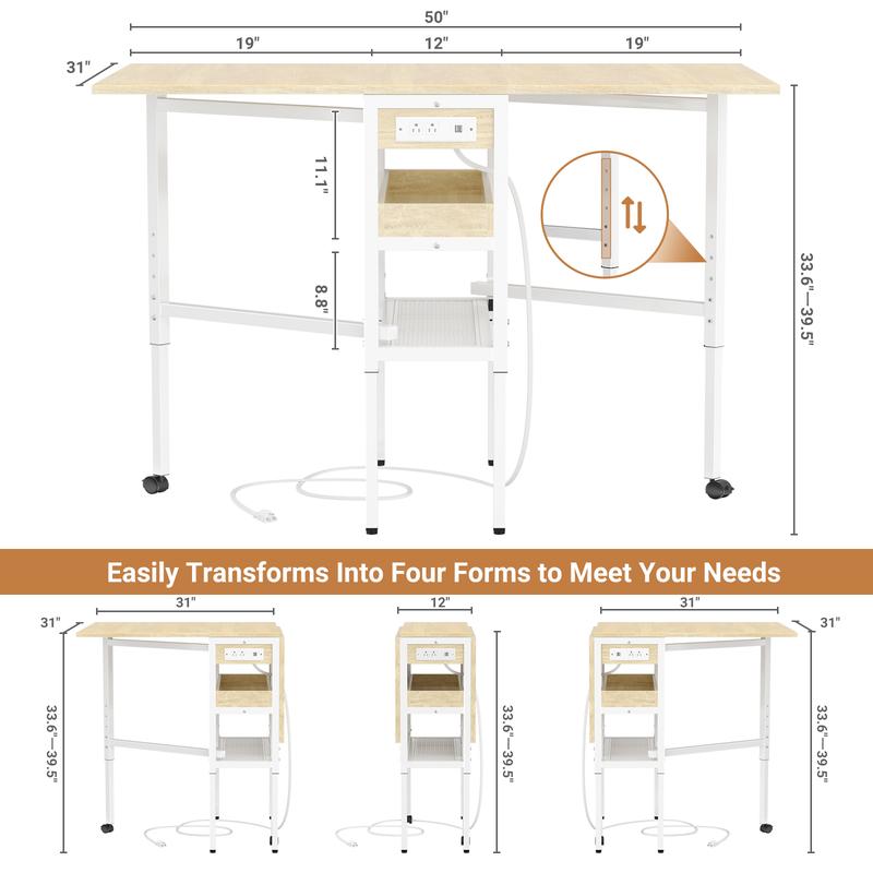 Height Adjustable Folding Sewing Cutting Table with Charging Station 50 Inch Storage Craft Table for Sewing Room & Craft Room