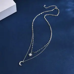 Elegant Double Layer Necklace for Women Star & Moon Pendants Silver Finish Adjustable 41cm Chain Romantic Party Accessory Valentine's Day Gift