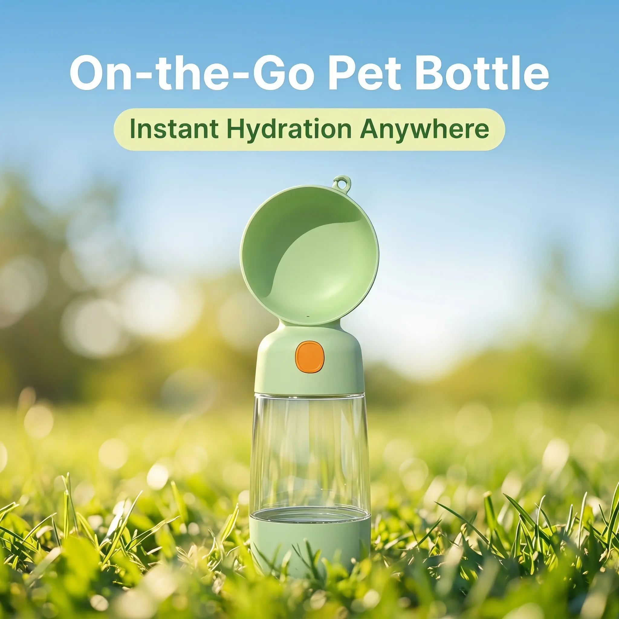 Avocado Green Portable Pet Travel Water & Food Cup, Food Grade PC, Easy Refill, 1-Hand Open, Transparent Body for Dogs & Cats