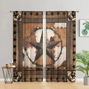 Western Texas Star Pattern Door Curtain, Rustic Wooden Background Printed Curtain, Home Decor for Bedroom, Living Room, Kitchen, Study, Bathroom