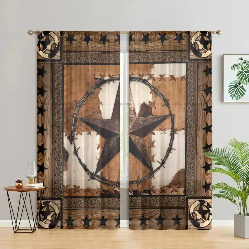 Western Texas Star Pattern Door Curtain, Rustic Wooden Background Printed Curtain, Home Decor for Bedroom, Living Room, Kitchen, Study, Bathroom