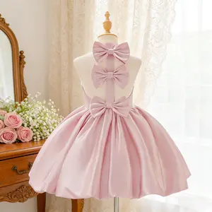 6112 Childrens Sleeveless Neck Hanging Bow Mesh Fluffy Skirt Wedding First Birthday Banquet Stage Host Piano Show Performance Dress