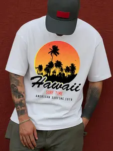 Men'S Vintage Surf Graphic T-Shirt Featuring a Hawaiian Surf Design with Palm Trees And Surfboards, Made from 180G Heavyweight Fabric. This White Casual Short Sleeve Round Neck Tee Is Perfect for Everyday And Weekend Use, Plus Size