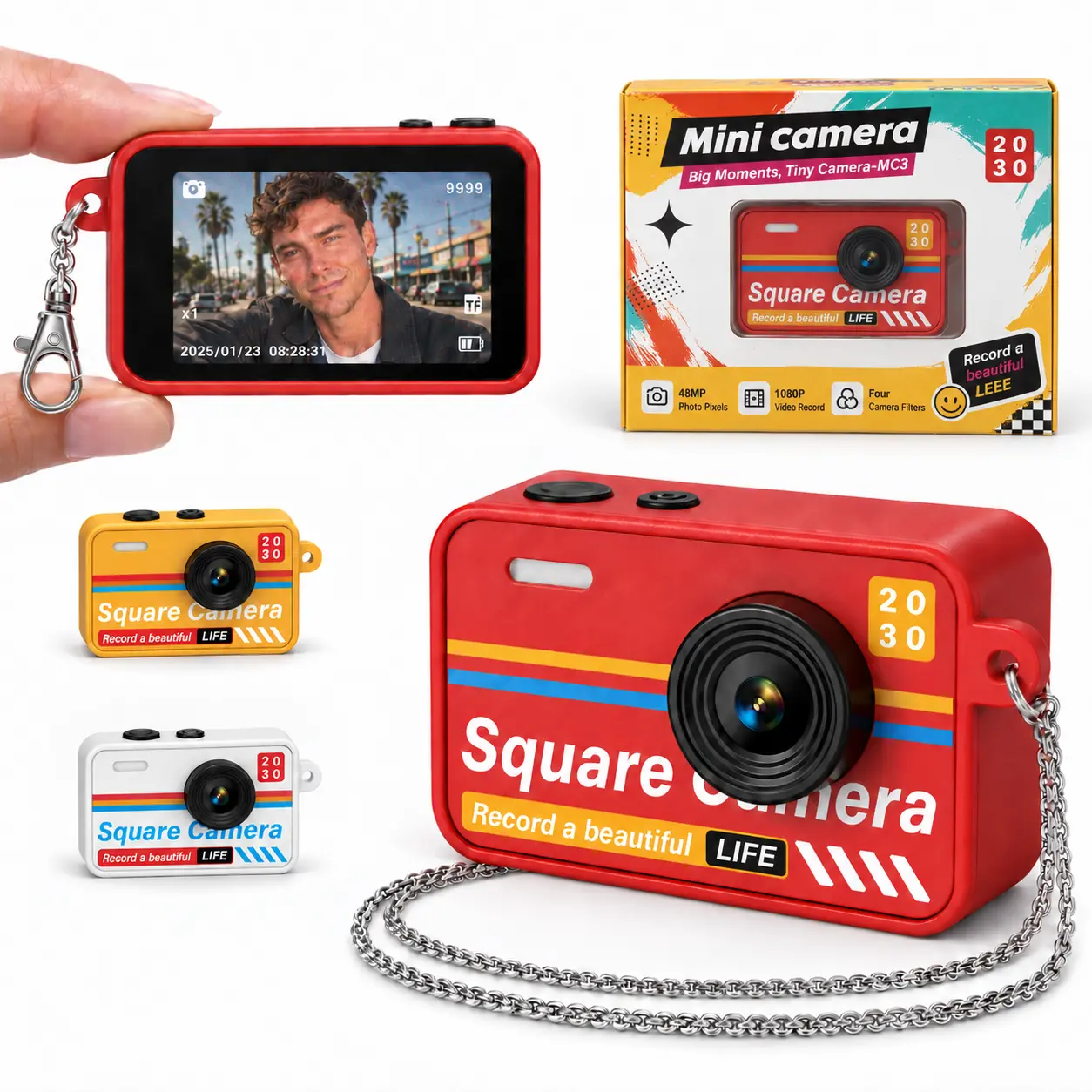 Mini Digital Camera Red Y2K Retro Pocket Camera 1920x1920 Photos 1440x1440 Video 4X Zoom 4 Filters LCD USB-C Rechargeable Necklace Backpack Clip for Teens Travel Fun