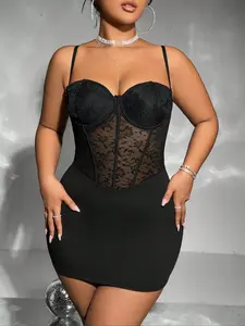 Plus Size Sexy Chic Lace Corset Bodycon Mini Dress for Women, Adjustable Strap Bustier Dress with Sheer Mesh Bodice, Slimming High-Waist Clubwear, Black Formal Cocktail Party Night Out Dress that Can Be Worn Alone or as a Layering Piece