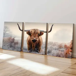3 Piece Set Wooden Framed Canvas Poster, Highland Cattle, Bulls, Dairy Cows, Vintage Animal Art, Abstract Style, Farmhouse Art, Rustic Aesthetics, Home Decoration, Art Print, Wall Art For Living Room, Bedroom, Office, Ideal Gift For Friends.