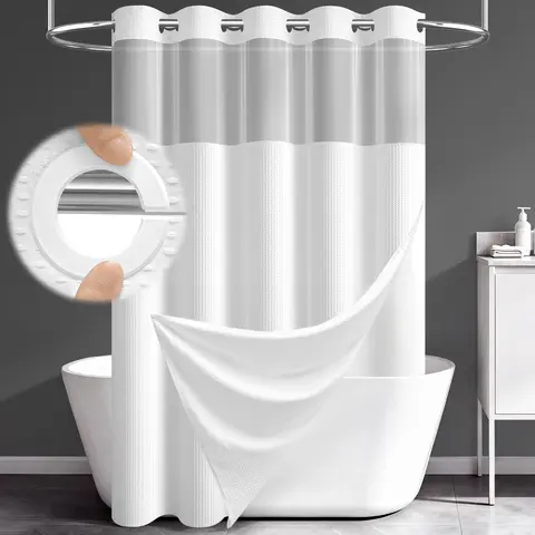 DYNAMENE Premium No-Hook Fabric Waffle Shower Curtain Set, Heavy-Duty Double Layer with Snap-In Detachable Waterproof Liner & Mesh Window, Contemporary Matte Finish Easy-Install Modern Home Decor for Hotel-Inspired Bathrooms (Elegant Shower Curtain Sets)