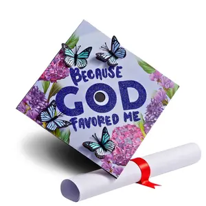 Blue Butterfly Graduation Cap Topper with Flowers, Grad Cap Decorations, Class of 2024 Grad Cap Topper, Because God Favored