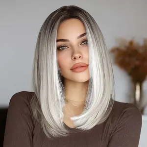 SMILCO/16Inch Grey Highlight 13×4 Lace Front Free Part Medium Long Straight Synthetic Wig/SM9673 for Women