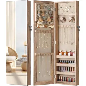 Nicetree Mirror Jewelry Cabinet, Jewelry Armoire with Full Length Mirror,Mirror with Jewelry Storage Wall/Door Mounted, Lockable Jewelry Armoire Organizer, Oak