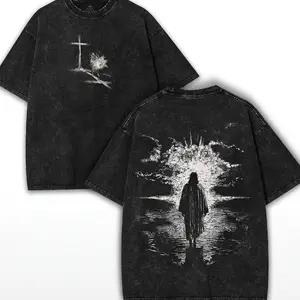 Crown of Thorns Jesus Oversized Tee: Vintage Washed Heavy Cotton Christian T-Shirt Menswear Top Casual Crewneck L3T