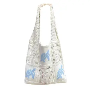 Women’s Polyester Crochet Beach Tote Bag, Cute Sea Turtle Pattern Design, Bohemian Open-Top Handbag, Large Capacity Lightweight Summer Tote, Ideal for Beach, Vacation and Casual Daily Wear,summervibes