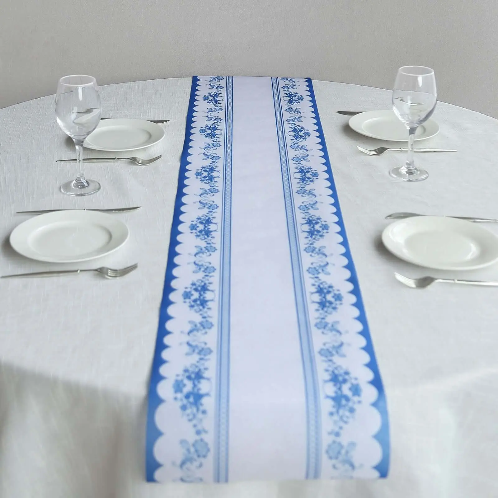 5-Pack White Non-Woven Fabric Disposable Table Runners (11"x108") with Blue Ornate Print - Kitchen Linens for Wedding Event Decor, Table Setting