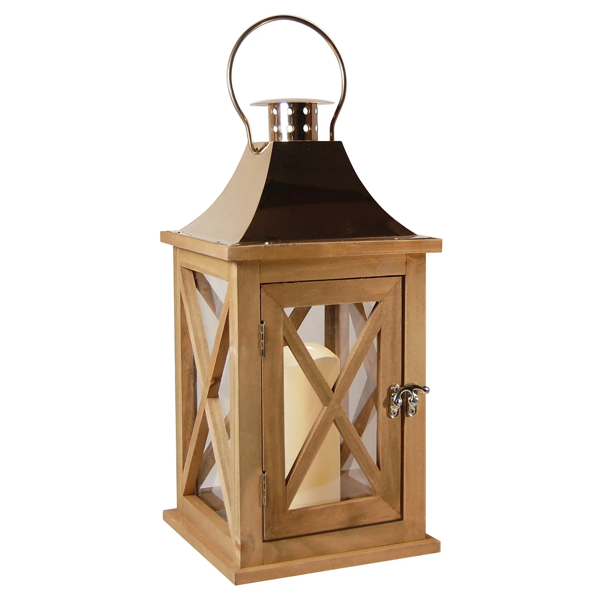 LumaBase 6in Wooden Glass Lantern Lamp - Battery-Operated Flameless LED Candle, Natural Copper Metal Roof, Timer Switch, Removable Hanging Decorative Daily Indoor Lighting, Natural Look Home Decor Candle Holder (Batteries Not Included)