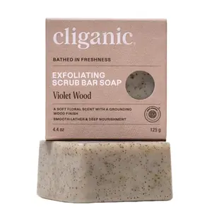 Cliganic Exfoliating Scrub Bar Soap – Buffs Away Surface Impurities, Hydrates & Nourishes, Leaves Skin Soft & Smooth, Vegan, Cruelty-Free, Made With 98% Natural Origin Ingredients - Violet Wood