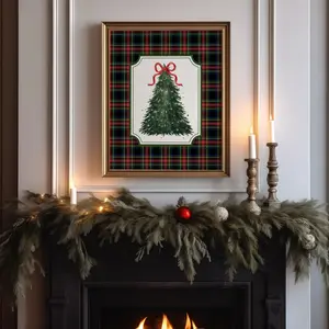 (No Frame) Preppy Plaid Christmas Print, Christmas Tree Print, Red Bow Christmas Printable, Traditional Holiday Art Print, Plaid Christmas Decor Print poster