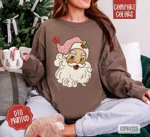 Santa Patch Comfort Colors Long Sleeve T-Shirt, Cute Women's Christmas Tee