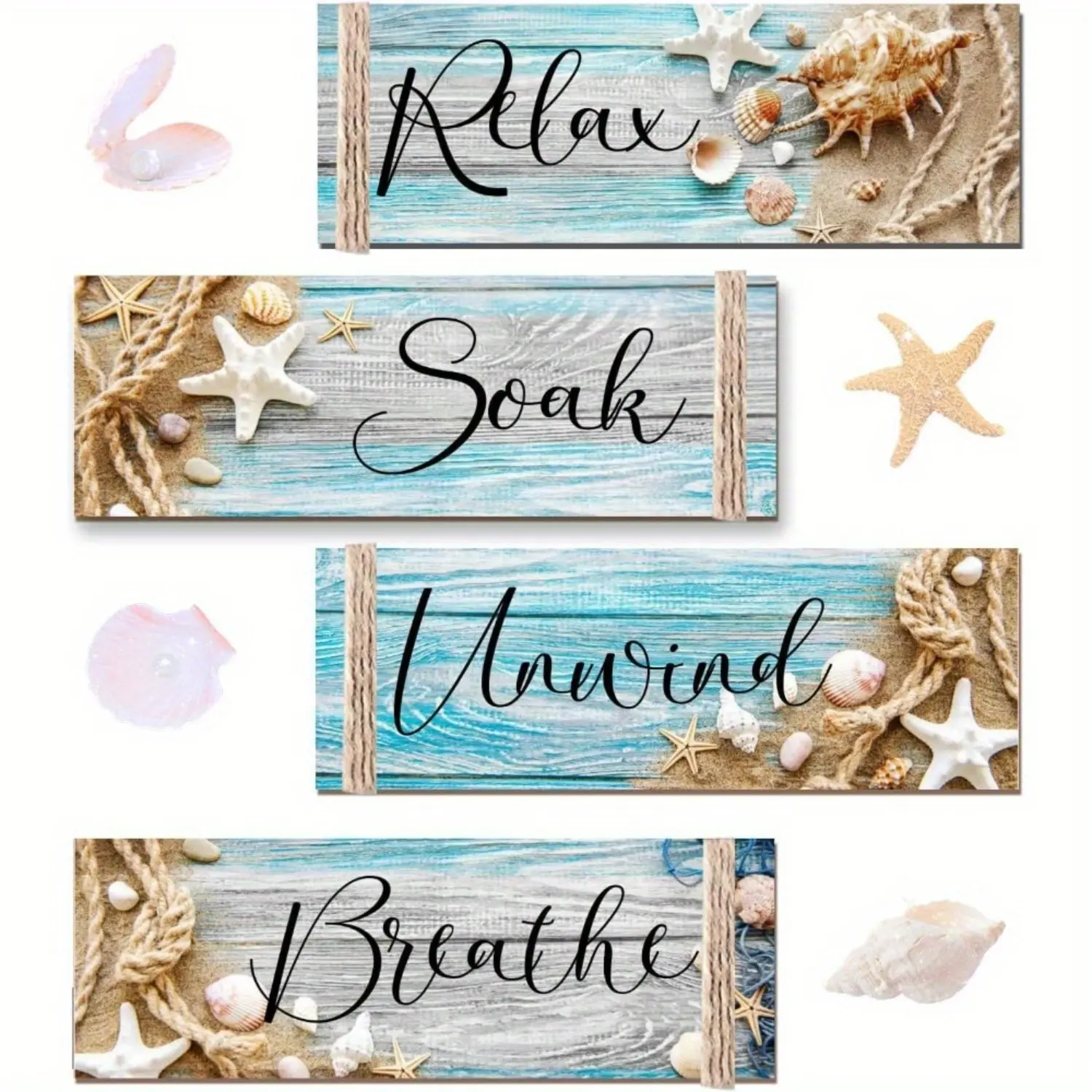 4 Pcs Coastal Bathroom Wooden Signs Set,Relax Soak Unwind Breathe Wall Art Decor,Ocean Beach Theme Wooden Plaques with Rope for Spa & Home Restroom,Fathersdaygift,Hand Tools Kits