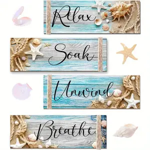 4 Pcs Coastal Bathroom Wooden Signs Set,Relax Soak Unwind Breathe Wall Art Decor,Ocean Beach Theme Wooden Plaques with Rope for Spa & Home Restroom,Fathersdaygift,Hand Tools Kits