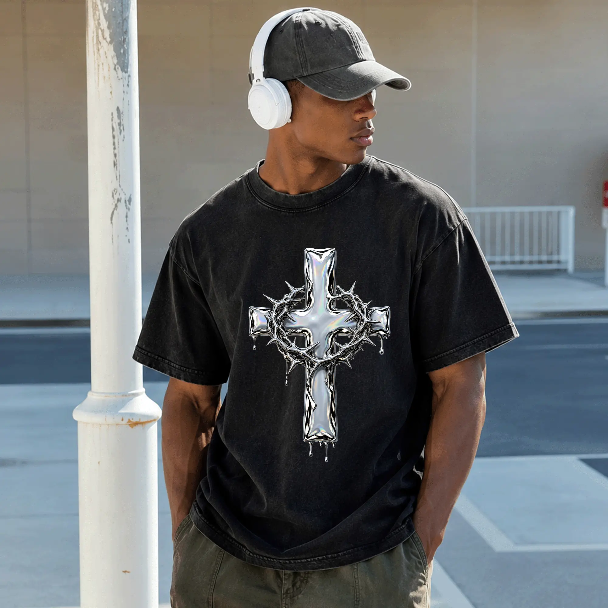 Vintage Washed Faith Chrome Cross goddes Heavyweight Oversized Streetwear Tshirt Graphic Tee Casual Classic Short-Sleeve Tropical Crewneck Unisex Top