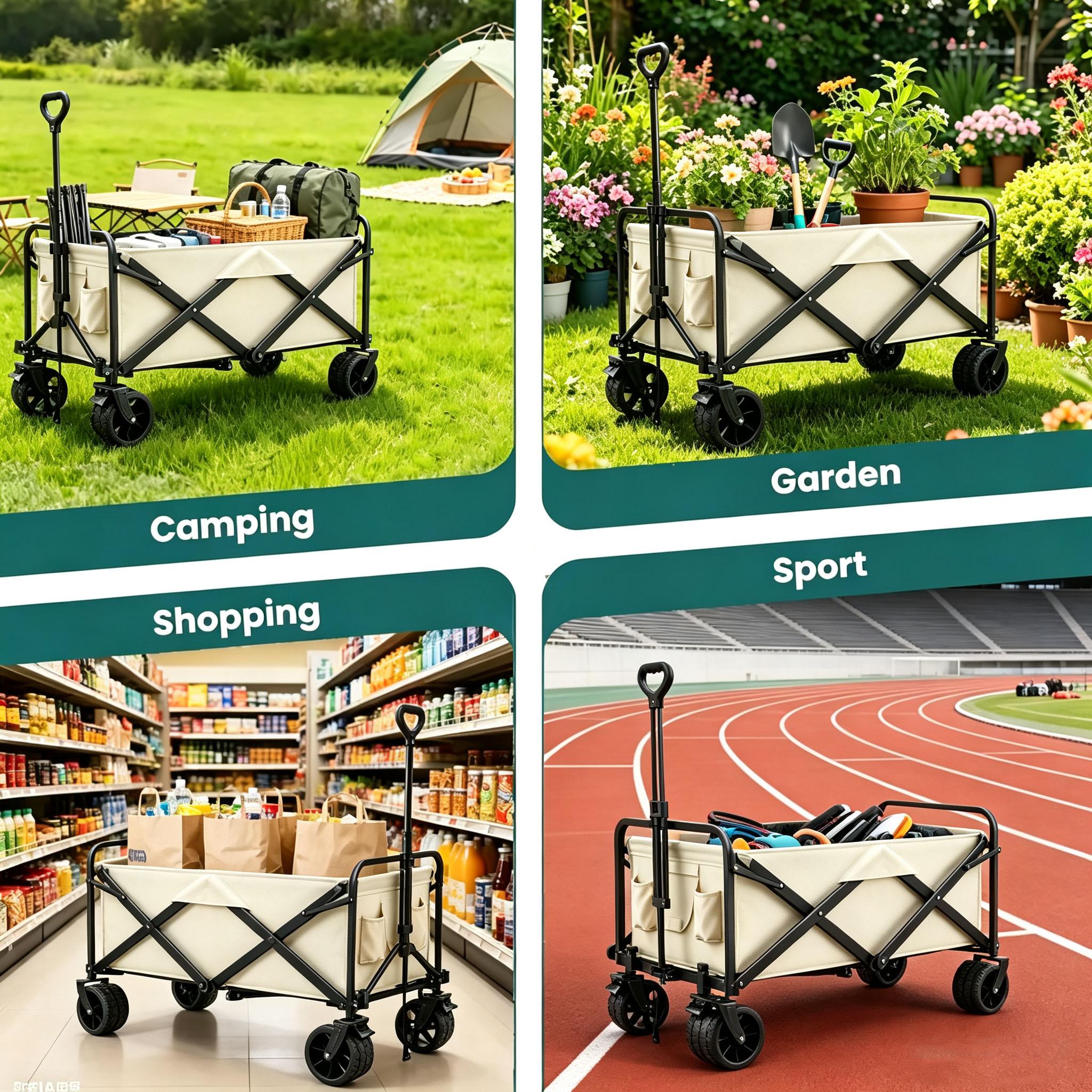 Heavy Duty Collapsible Fold Utility Wagon Cart, 440LBS All-Terrain Trolley with Brake System, Cup Holders, Adjustable Handle, College Dorm Shopping Hauler for Outdoor Camping, Yard Work