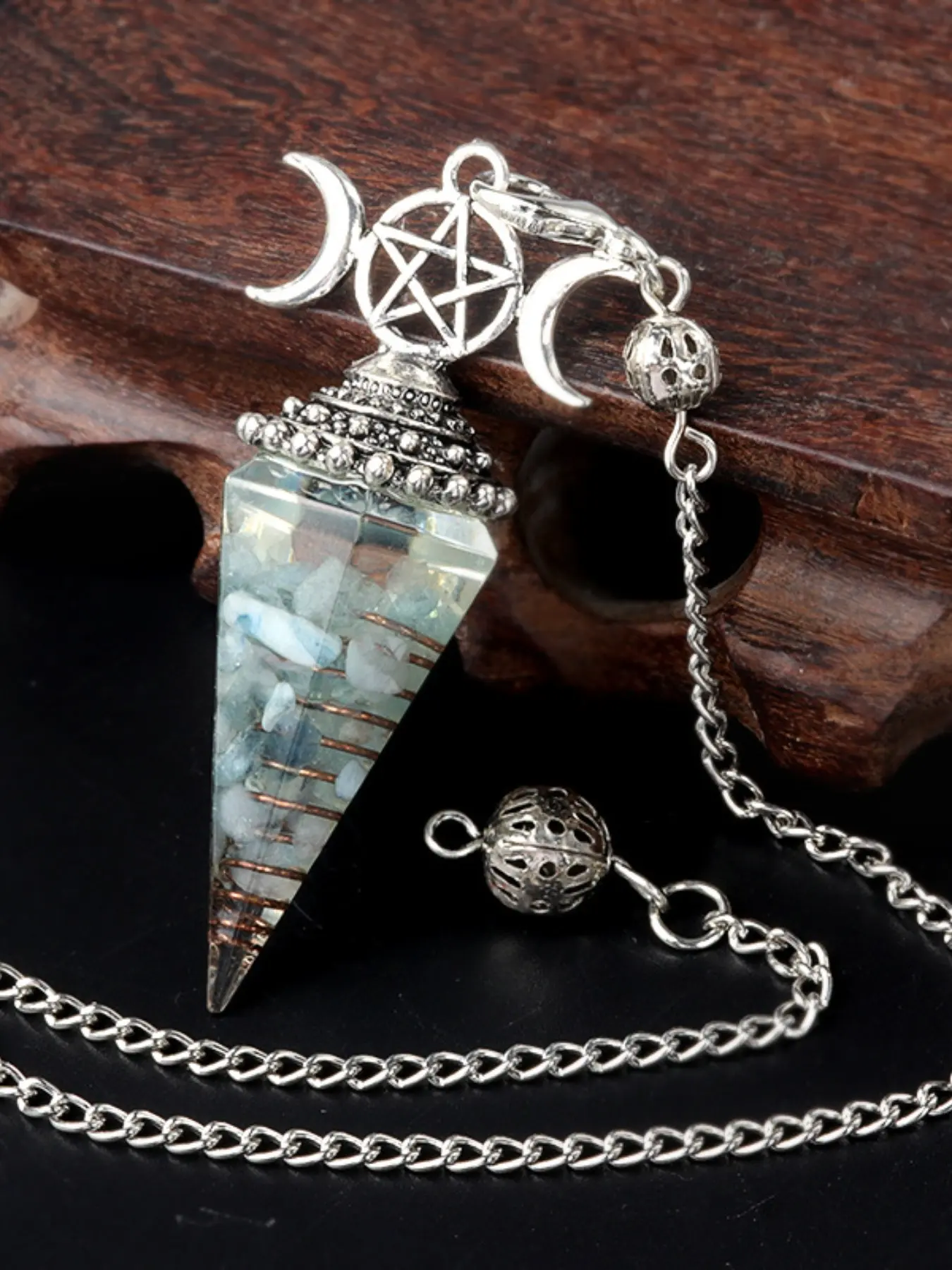 Three-Phase Moon Seven-Color Resin Crystal Gemstone Hexagonal Pendulum, Vibrant Stone Design, Ideal for Energy Balancing & Meditation, Pendant with Necklace, Crystal Jewelry