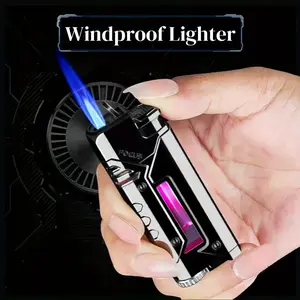 Refillable Butane Gas, Straight Blue Flame Blowtorch Lighter, Windproof Metal Lighter, Cool Light Lighter, Visible Transparent Gas Tank, Adjustable Flame Size, The Best Gift For Boyfriend, Suitable For Candles And Gas Stoves (Butane Not Included)