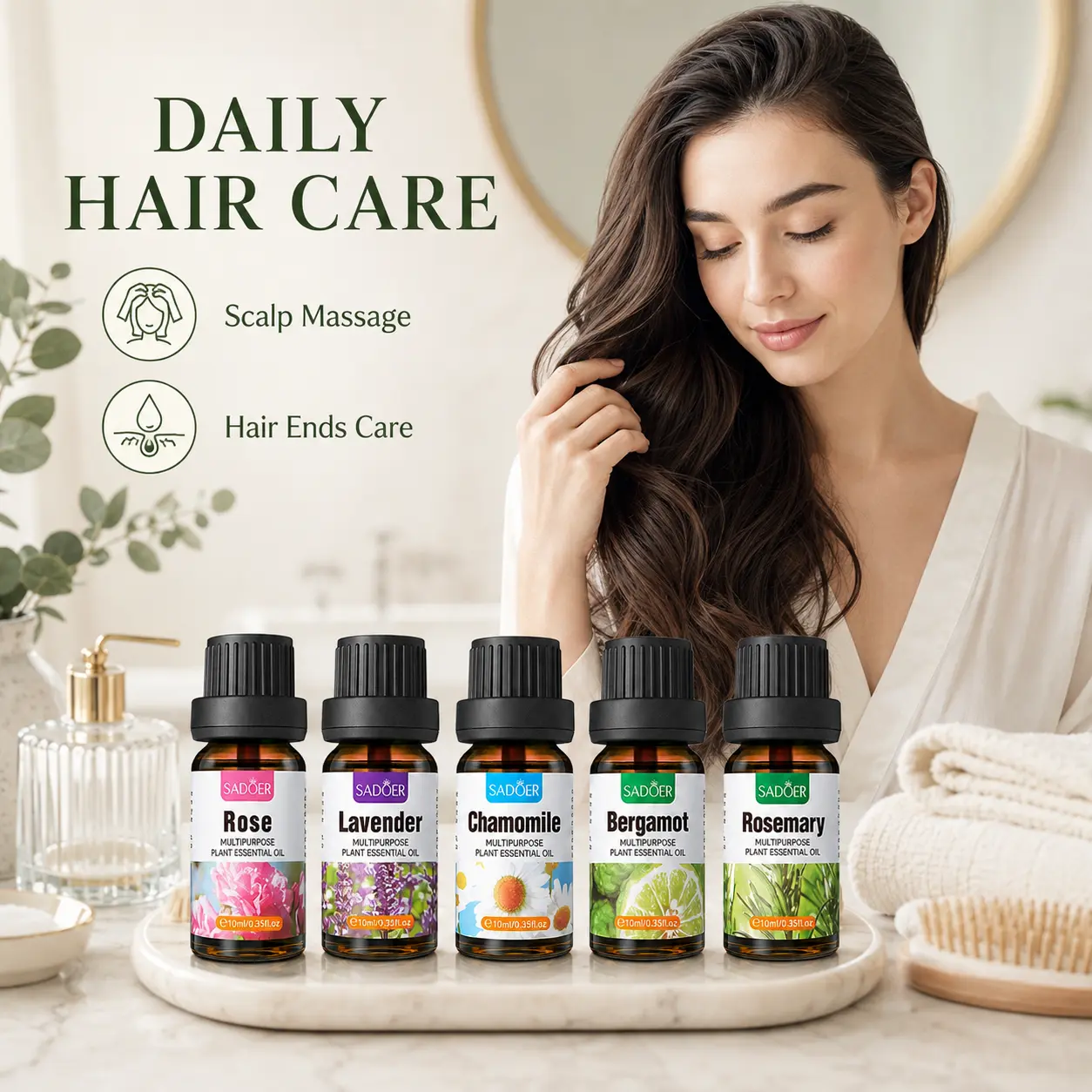 5-Piece Botanical Hair Oil Set, Rose Lavender Chamomile Bergamot Rosemary, Daily Hair & Scalp Care, Lightweight Oil for Dry Frizzy Hair, Hair Ends Care