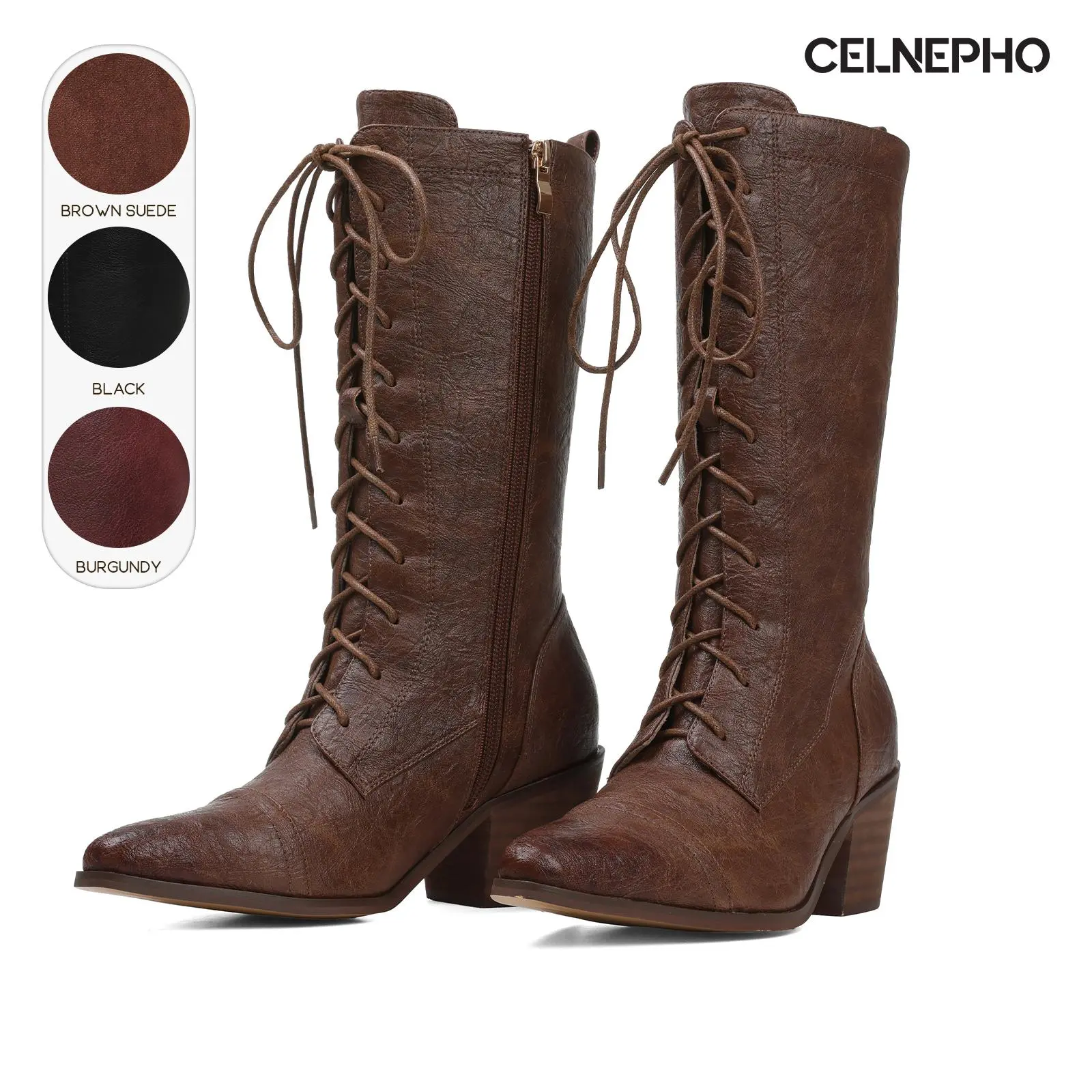 CELNEPHO Womens Mid Calf Boots Victorian Style Granny Boot Pointed Toe Chunky Block Heel Side Zipper LaceUp Easy Pull on Comfy Outdoor Clubbing Event Office Casual Steampunk Gothic Combat Summer Biker Dressy Shoes