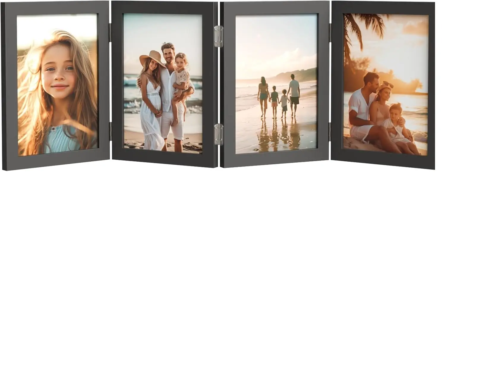 WARM&LOVE 4-Panel Folding Hinged Photo Frame, 4x6 Rustic Wood Desk Collage Stand, Vertical Tabletop Display for Family Birthday Gifts (Black)