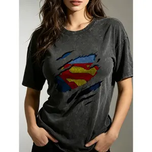 【 Justice League 】 superman logo Vintage Washed T Shirt Oversized Unisex Casual Short Sleeve Cotton Streetwear Tee Fan Gift