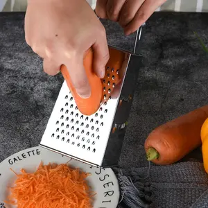 1PC Multi-Purpose 4-Sided Stainless Steel Grater. Ideal for shredding potatoes & slicing cucumbers. Thickened durable body with hand guard for safe kitchen prep.