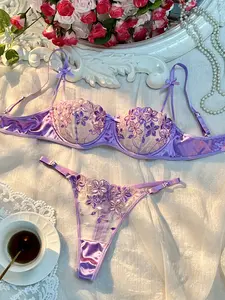 Spicy clothes Romantic and Sexy Ladies' Floral Embroidery Sheer Lingerie Set with Satin Fabric: Soft and Skin-Friendly Womenswear Purple Vneck lenceria sexy